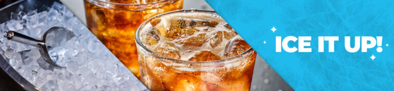 Blog Post Banner. Images of ice and ice in drinks.
