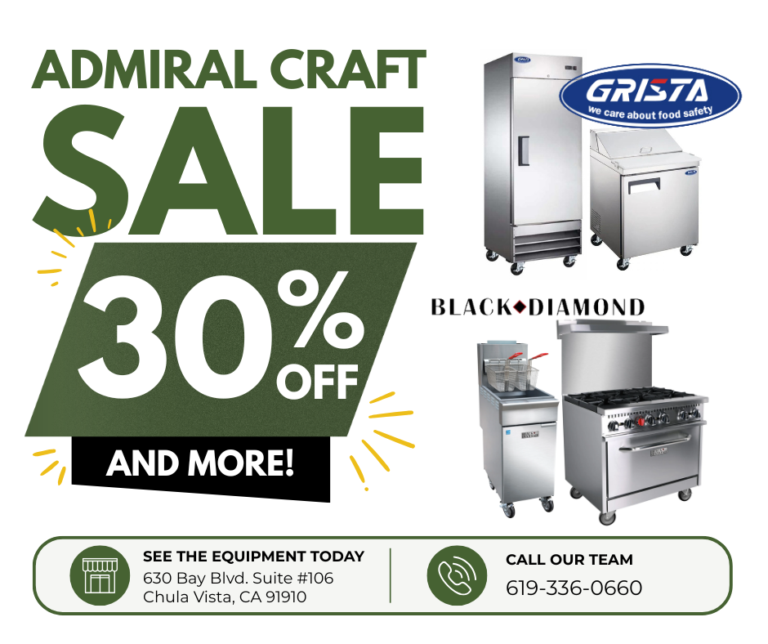 Black Diamond and Grista commercial food equipment on sale, including a salad/sandwich prep refrigerator, a stainless steel upright refrigerator, a commercial gas range with oven, and a gas fryer.